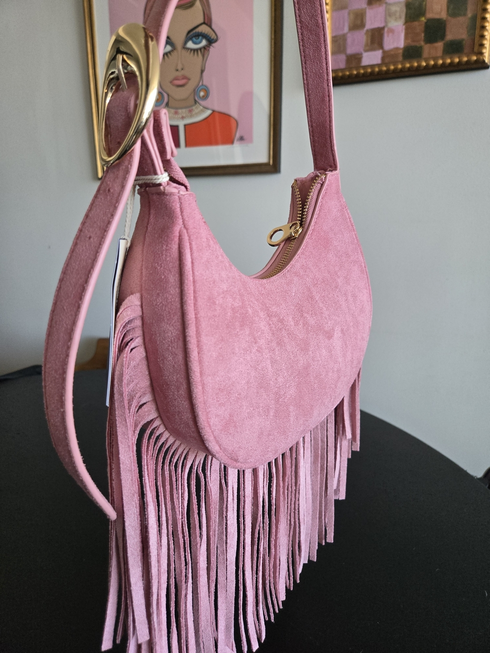 NWT Universal Thread Pink Faux Suede Fringe Crescent Shoulder Bag - Picture 6 of 13